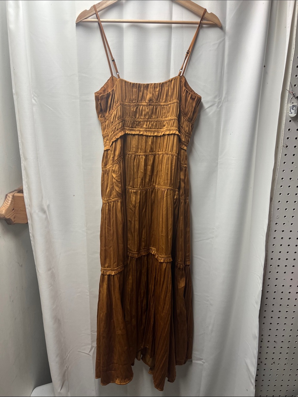 Anthropologie Gold Rust Ruched Tiered Satin Slip Milkmaid Cottage Dress- 4 - Picture 7 of 7